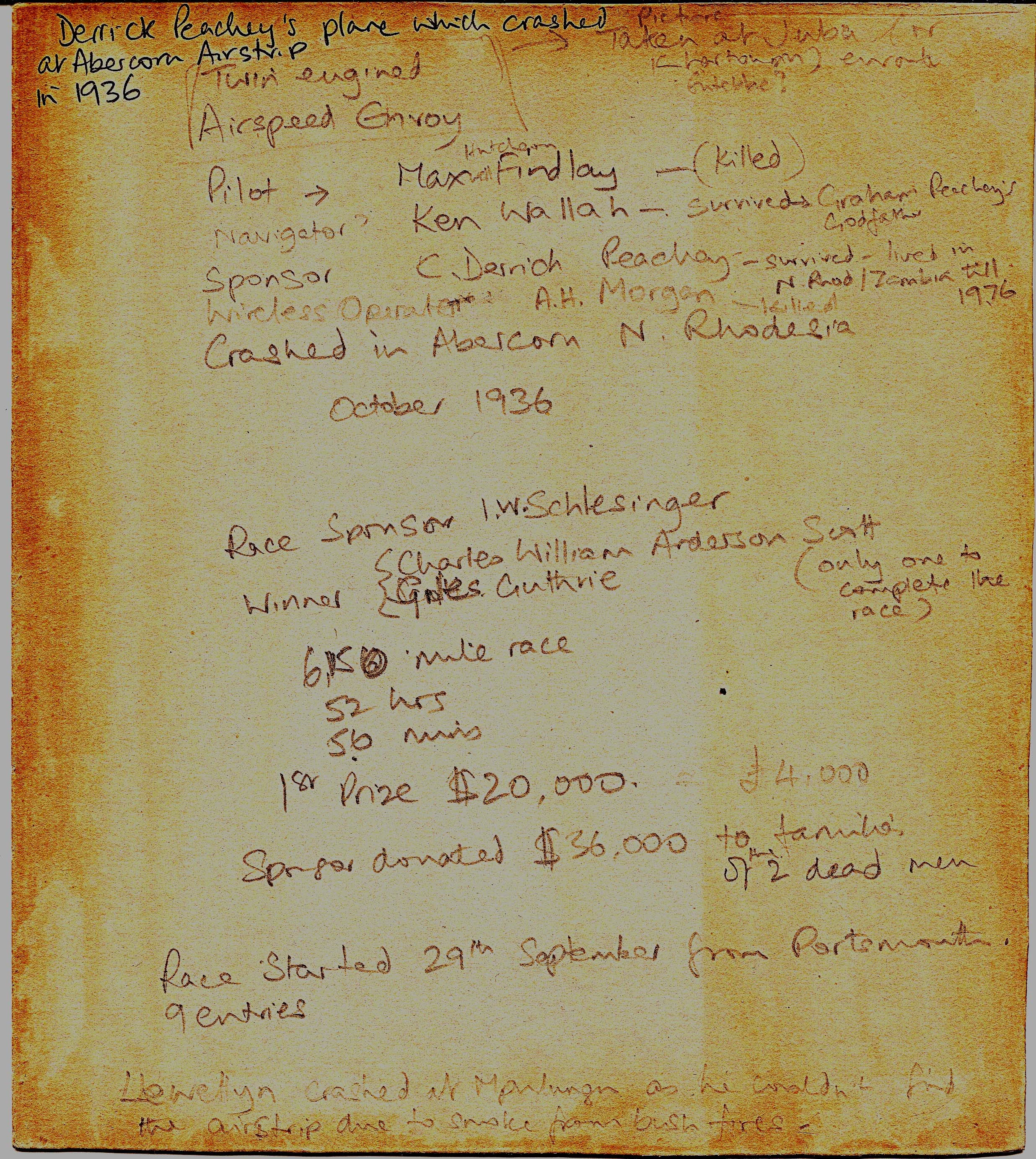 Reverse of Derrick Peachey's photo of his twin engine plane showing the names of those who died. Photo courtesy Annie Wilson née Peachey. See also Images of Isanya.