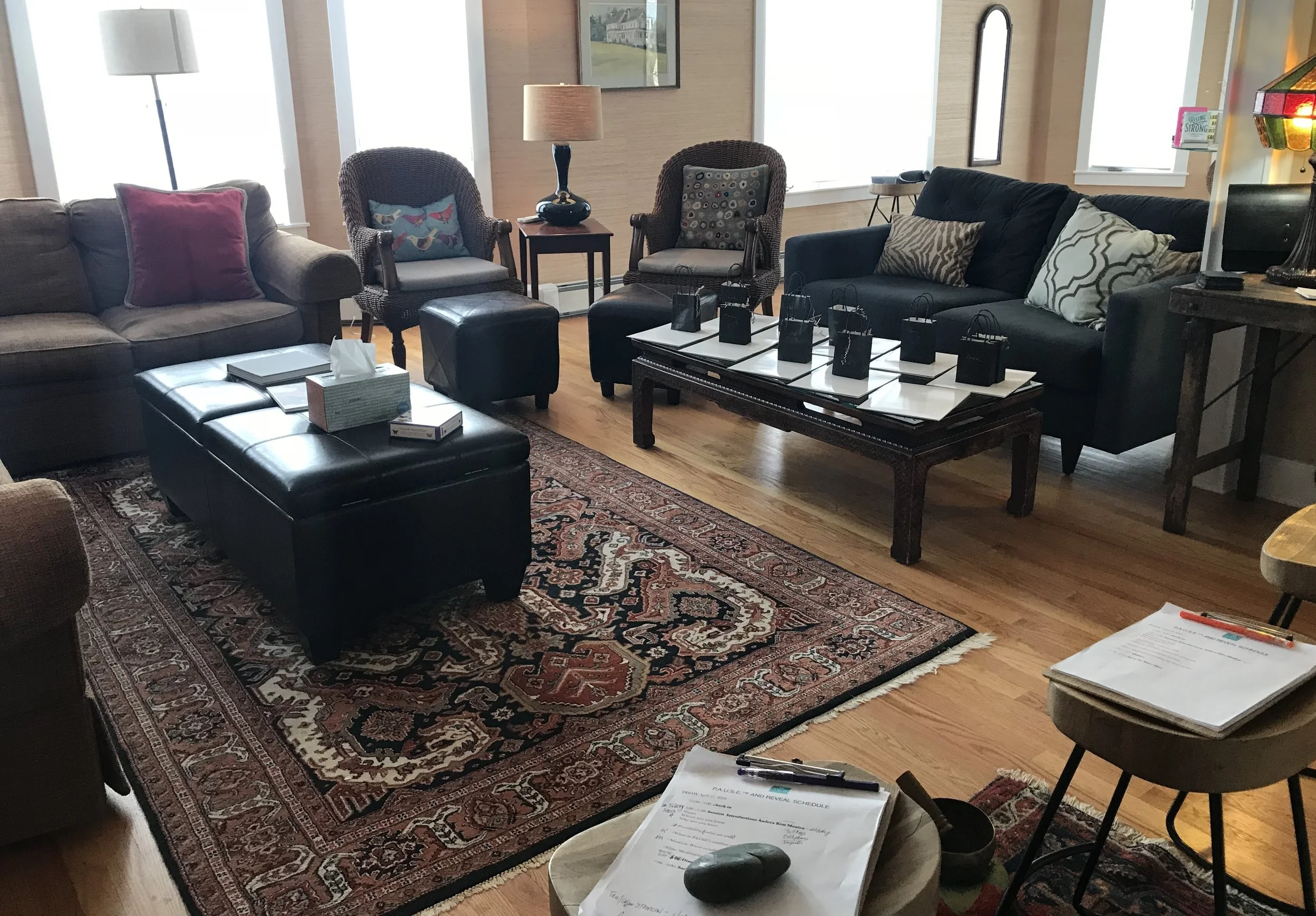 We configured our seating area for 10 participants and 3 guides at the front of the room who delivered the retreat material. We have plenty of stools and extra seating to offer you should you need them. 