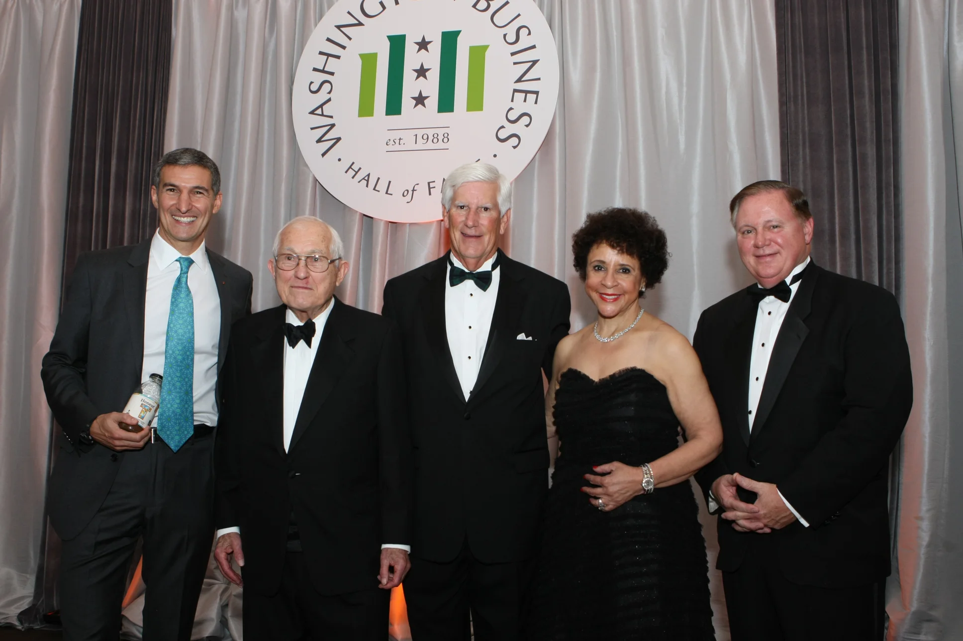 The 2015 Washington Business Hall of Fame Laureates are (from left) Seth Goldman (Honest Tea), John Toups (Planning Research Corporation, retired), Scott Wilfong (SunTrust Bank), Sheila Johnson (Monumental Sports & Entertainment, Salamander Hotels & Resorts), Joe Rigby (Pepco Holdings, Inc.)