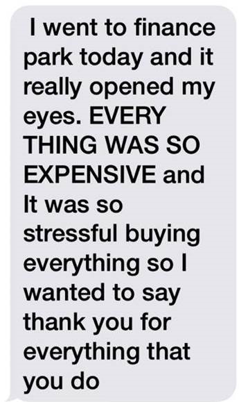A text message from a JA Finance Park® graduate to her parent following her experience.