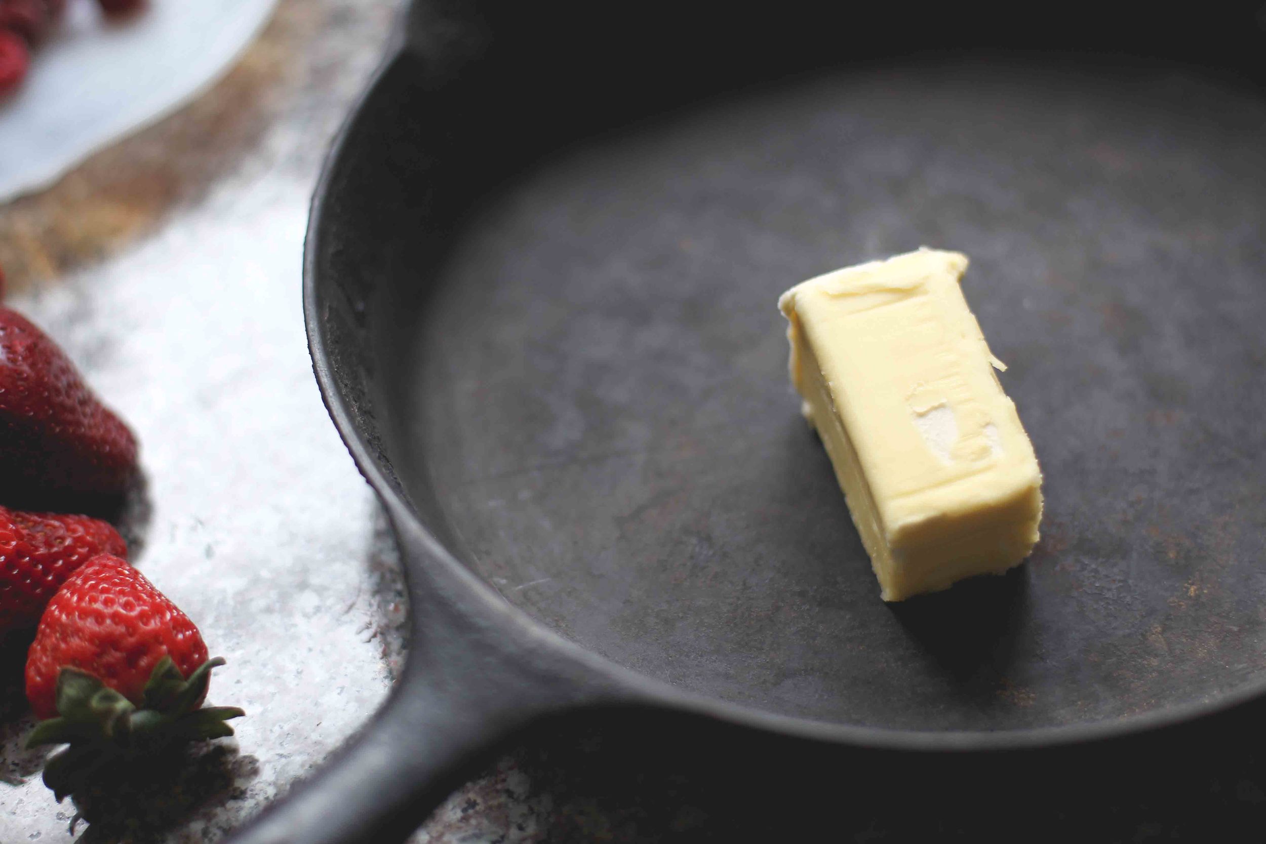 While oven is pre-heating, place 4T butter in skillet and melt in oven