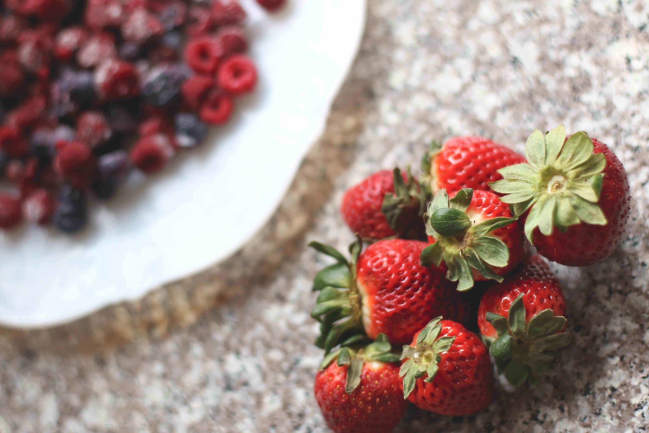 Cut up fruit. I used fresh strawberries and frozen blueberries and raspberries from freezer