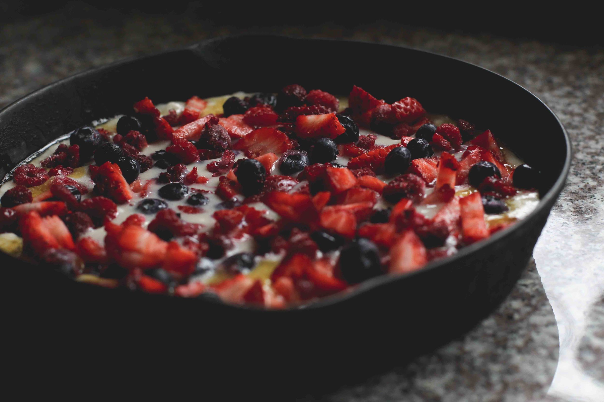 Scatter fruit over batter; do not stir. Sprinkle 1 T sugar over top of fruit