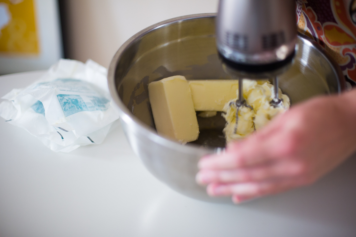 1. Pre-heat oven to 350 ° F . In large mixing bowl, use the hand mixer to blend the butter until softened.