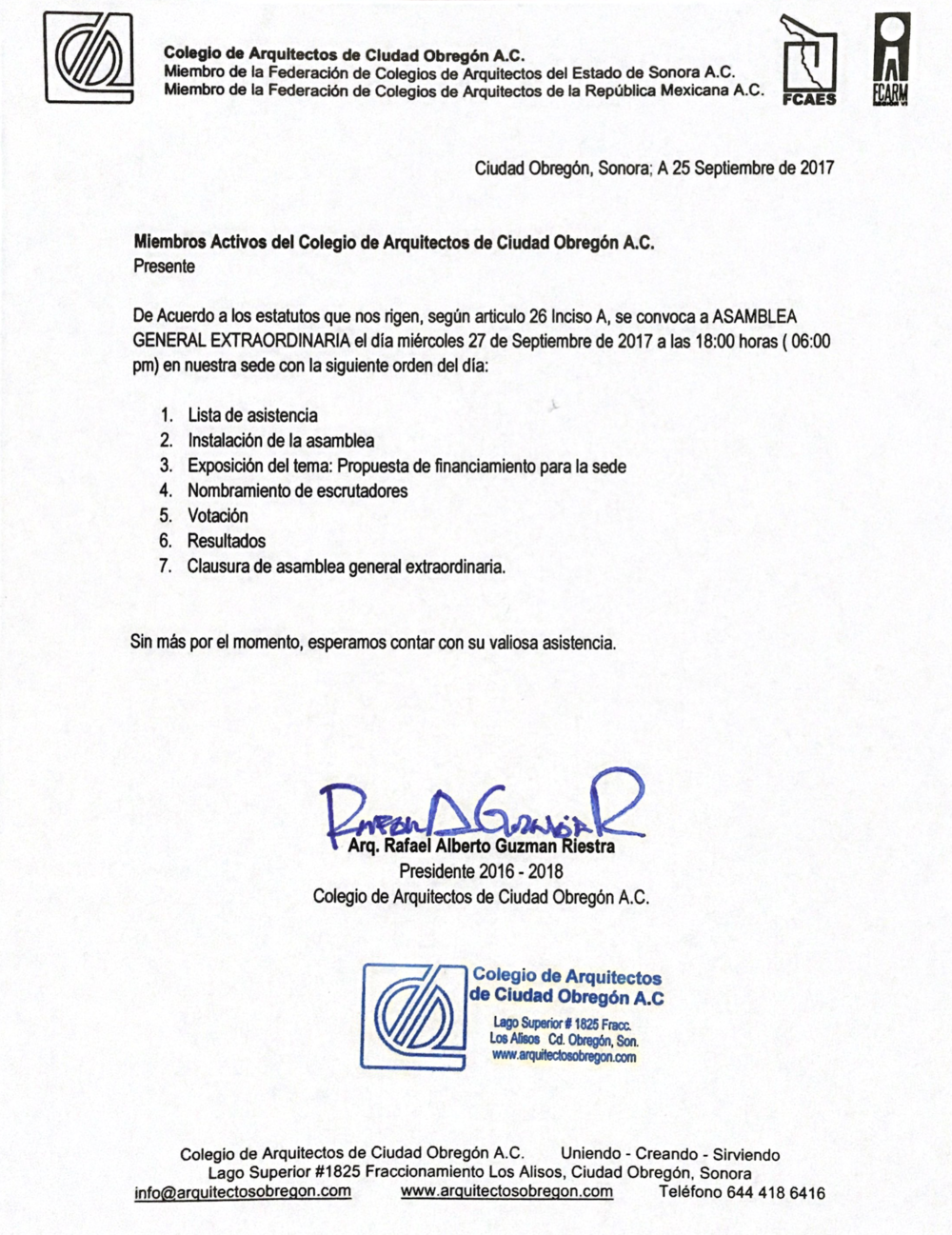 Convocatoria de asamblea general extraordinaria — Colegio de Arquitectos de  Ciudad Obregón .