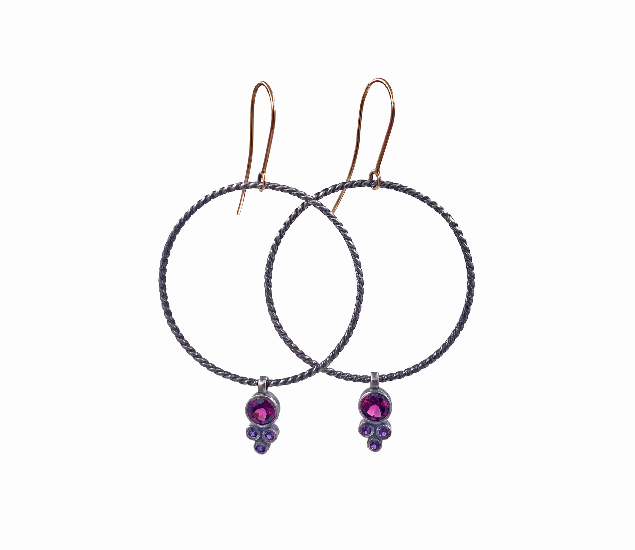 Rhodolite Garnet and Amethyst Twist Hoops.jpg