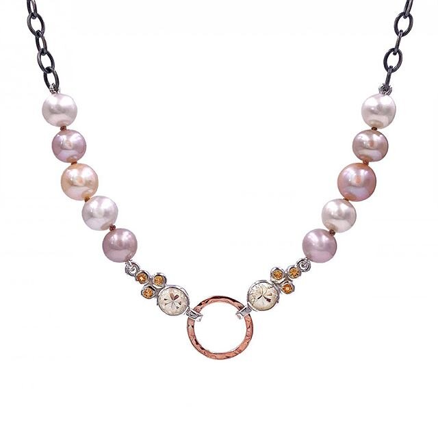 Freshwater pearls with rose gold, sunstone, and mandarin garnet