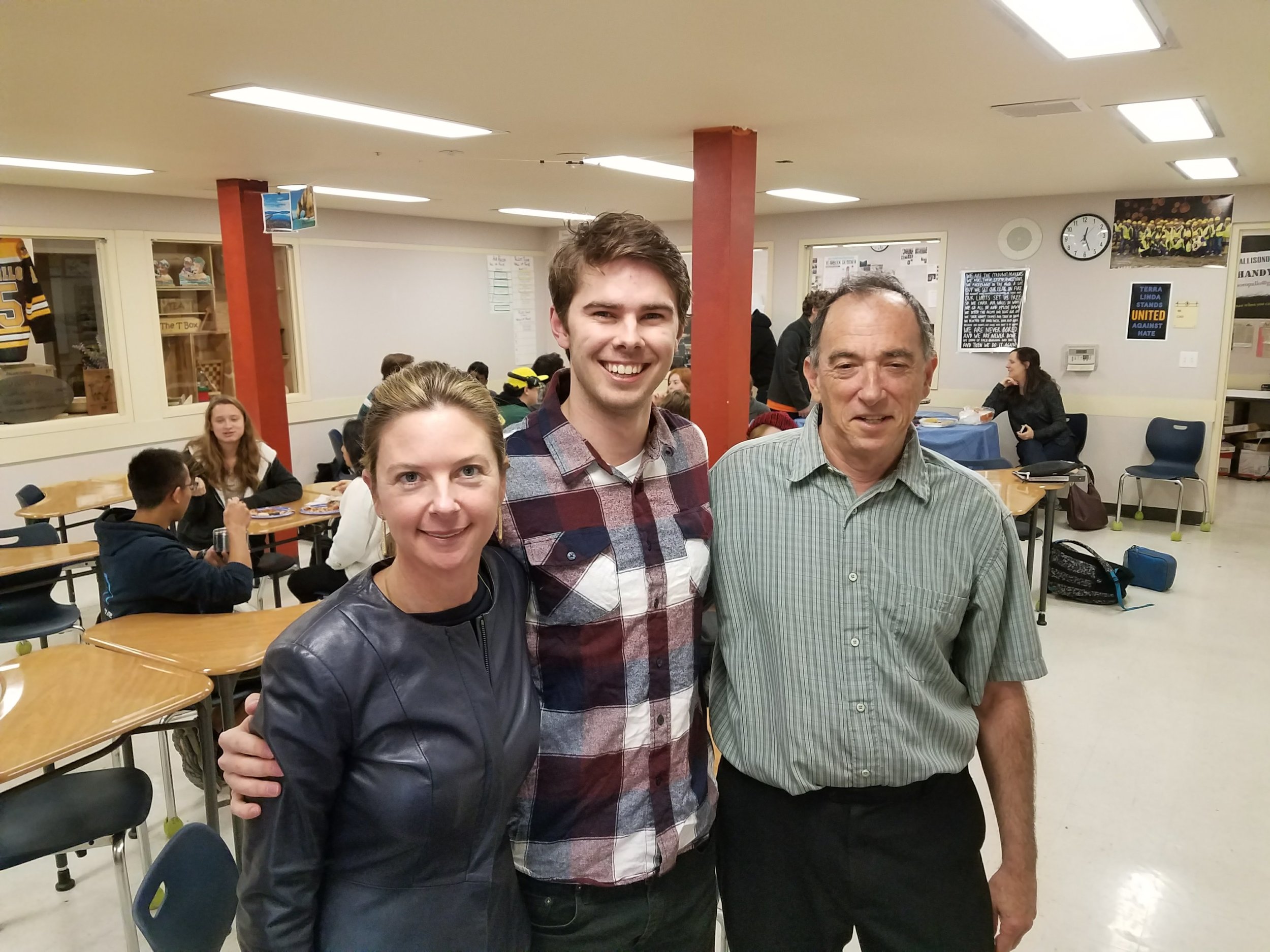 Principal Katy Dunlap and Mr. Gusting, Computer Science Teacher welcome back TL Alumni Jack Connley, CS Student, UC Berkeley