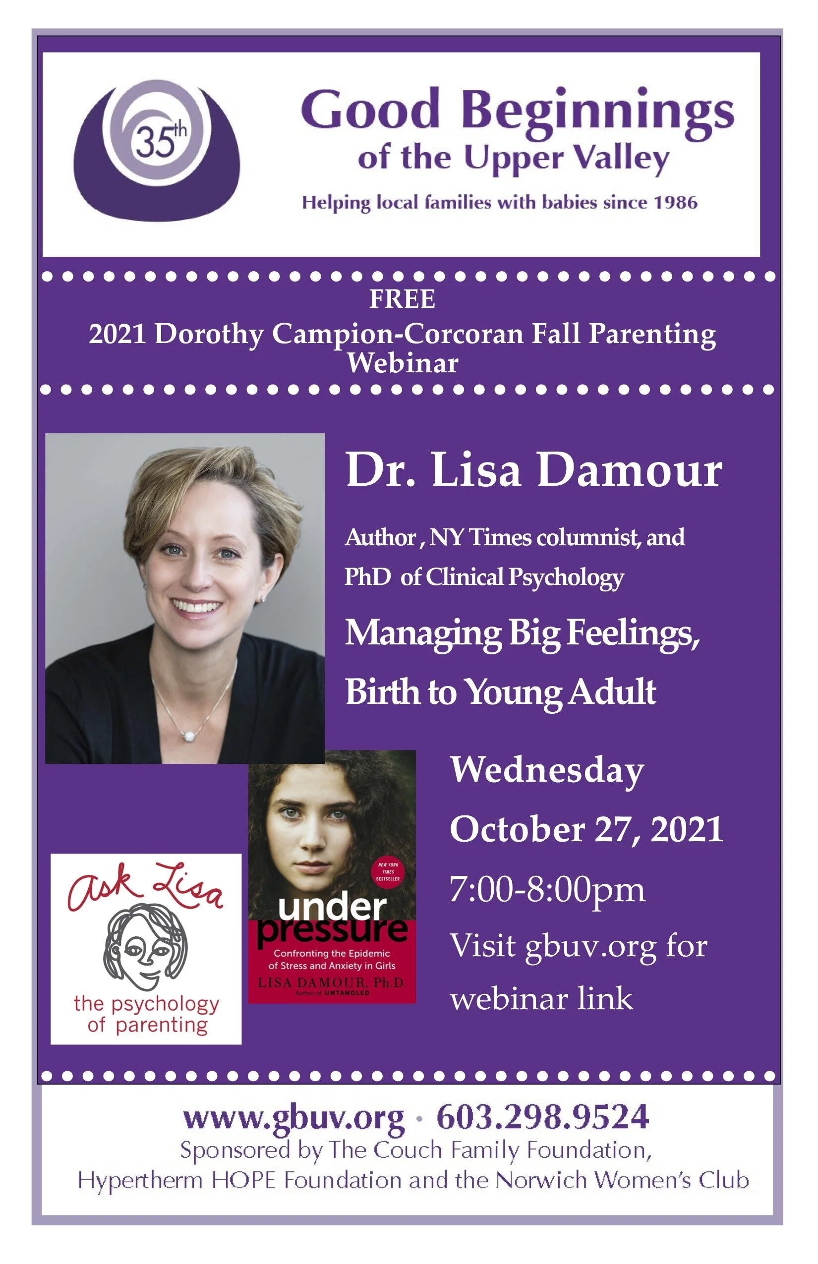 2021 Dorothy Campion Corcoran Fall Parenting Lecture: Oct 27@ 7 PM