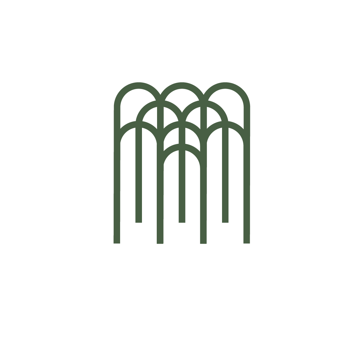 Geometric drawing of an outline square with sections divided by vertical, horizontal, and half circle lines.