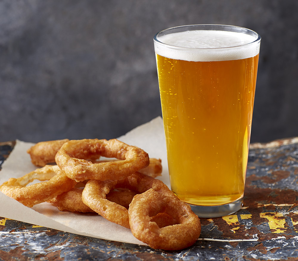 onion rings and lager beer