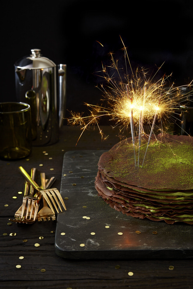 Chocolate Crepe Cake with Matcha Buttercream