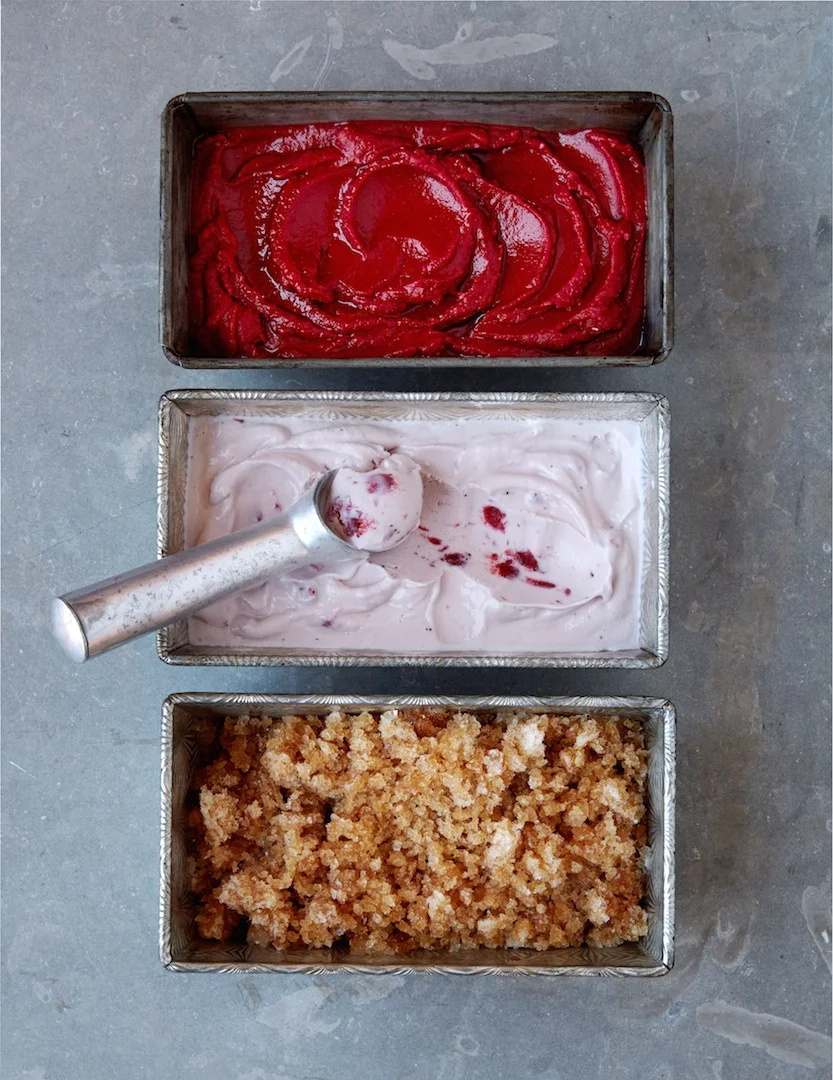 Raspberry Sorbet, Strawberry Ice-Cream, and Rootbeer Granita