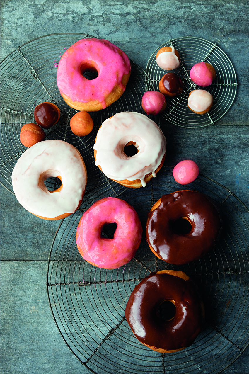 Strawberry, Vanilla, and Chocolate Glazed Doughnuts