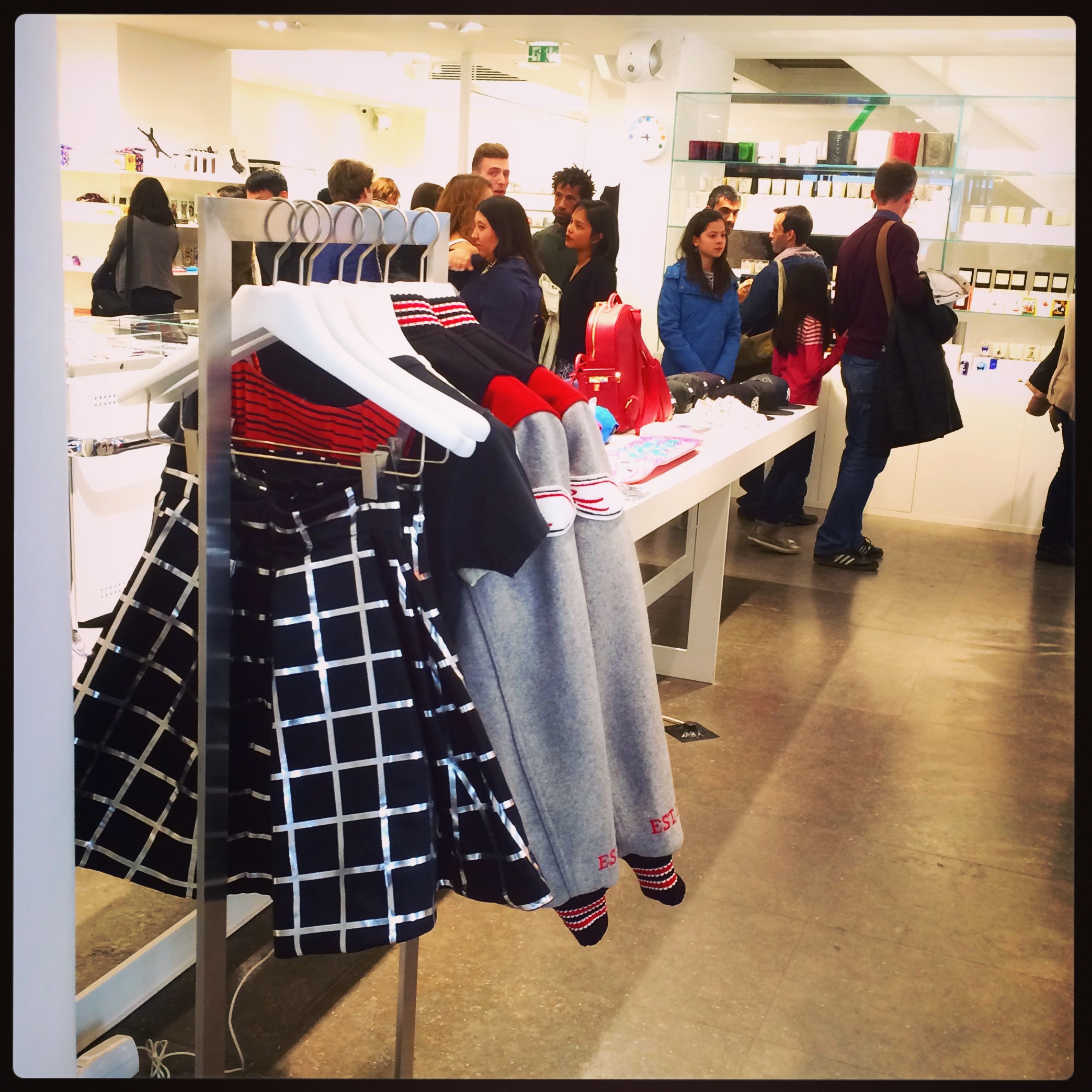 skirt and leotard designs on a rack for sale at Colette in Paris as part of the launch of the FOR LADP clothing line