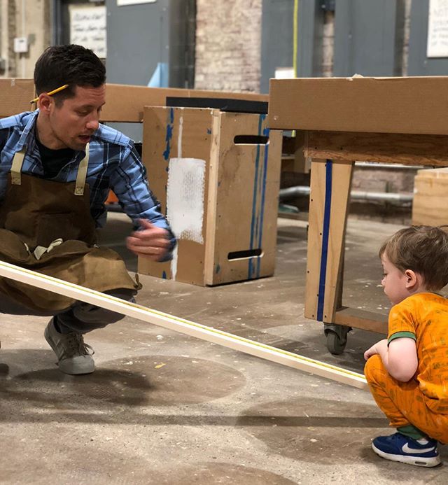 Rainy day and empty @atelier.art shop means family bookshelf building day. 3.5 years old and can read a tape measure 📐📏... You'll be alright no matter what little man #onwardbo 📸 @jjonesberg #woodshop