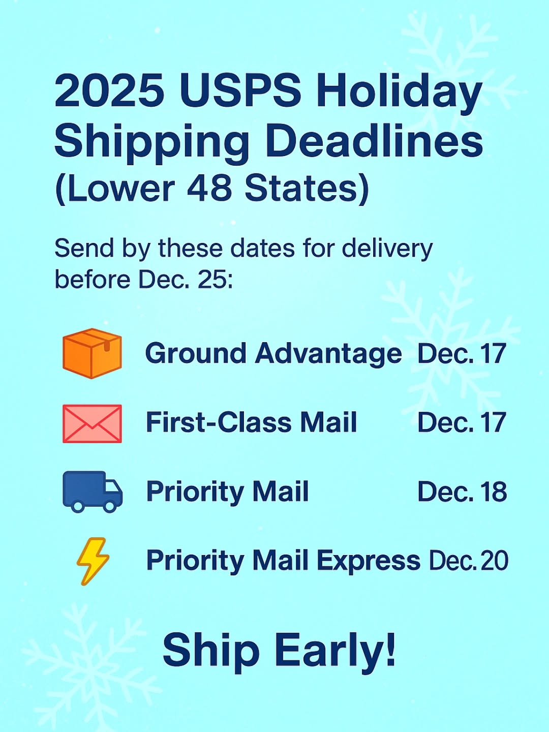 🎁✨ Holiday Shipping Reminder! ✨🎁

I know, I know. It's not Thanksgiving yet, but the holidays sneak up fast. 🤦&zwj;♀️

If you&rsquo;re hoping to have your T&amp;J Soaps gifts delivered before December 25th, be sure to order by the following USPS 2