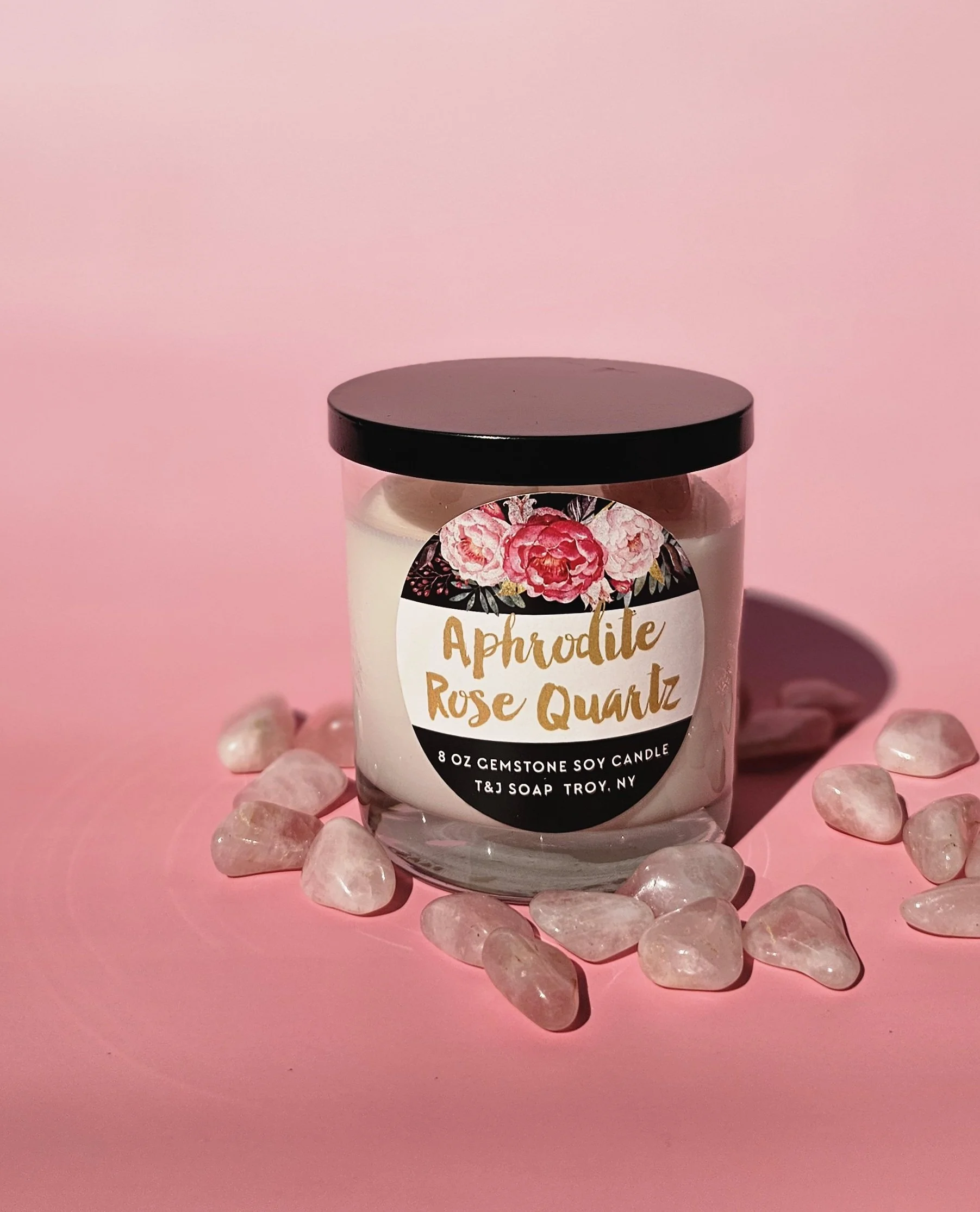 Aphrodite Rose Quartz Gemstone Candle. Natural Soy wax candle with tumbled rose quartz named after the Goddess of Love, Aphrodite.