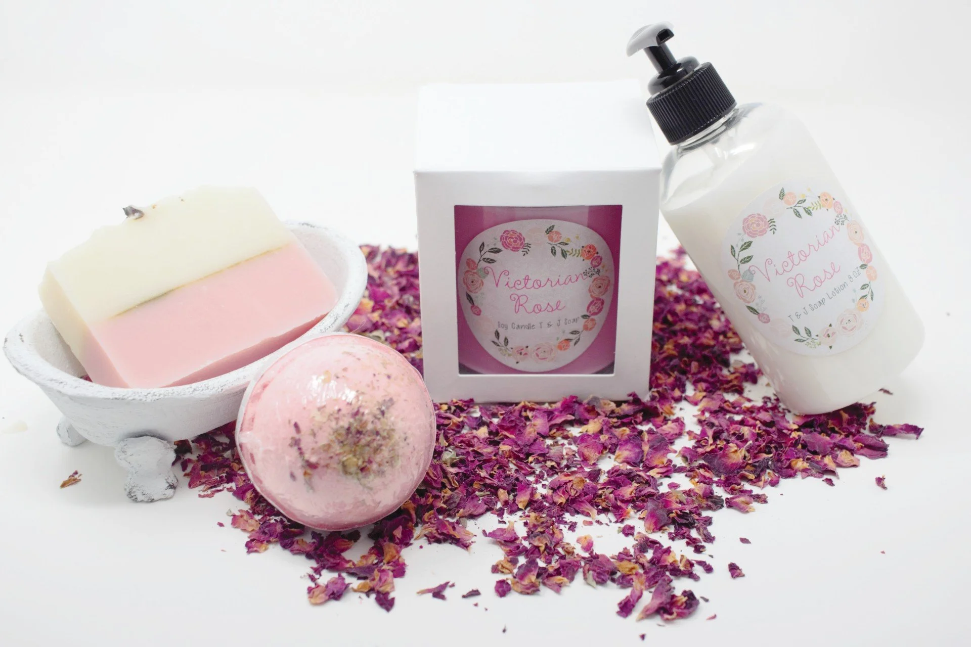 Rose gift set made from Victorian Rose Artisan Soap, Rose Bath Bomb, Rose Lotion, and Rose Soy Candle
