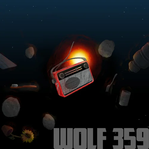 The official cover art for Wolf359, which depicts a a red dwarf in space, blue and dark, with various objects floating around, and a red portable radio in the centre of them all.