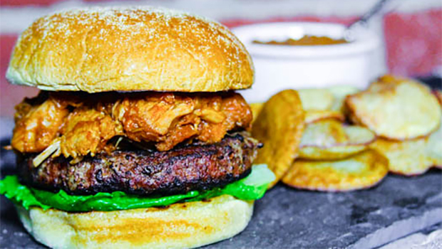 Moo-Cluck-Oink Burger with Homemade Potato Chips
