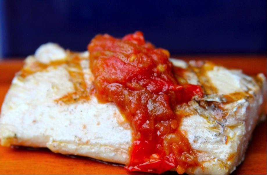 Grilled Mahi Mahi with Herb Salt and Charred Tomato Relish 