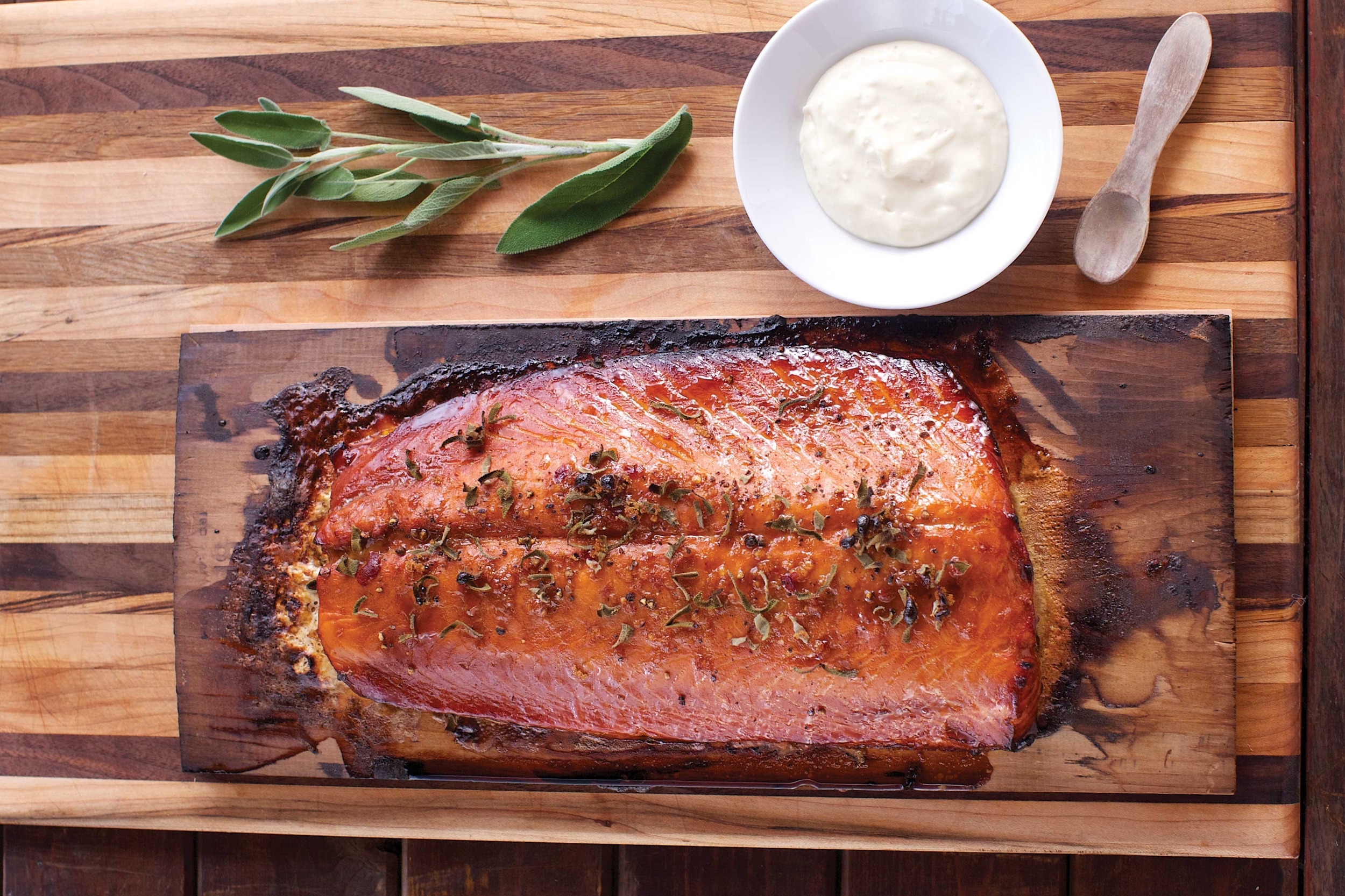 Plank Smoked Salmon with Sake Brine and Wasabi Mayo