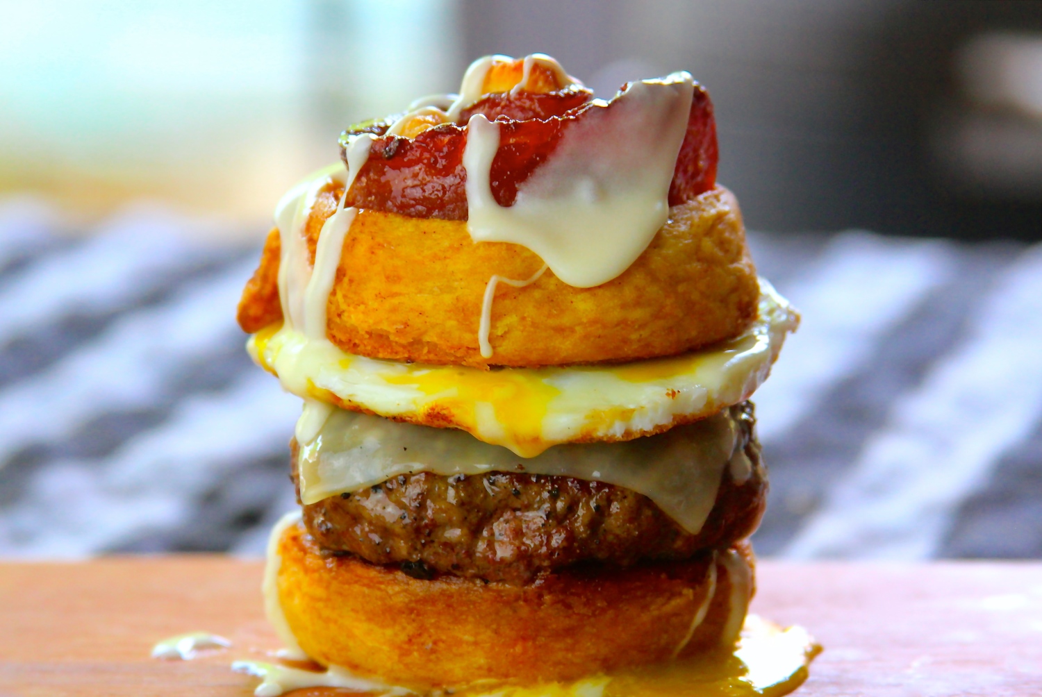 Candied Bacon Cinnamon Roll Burger