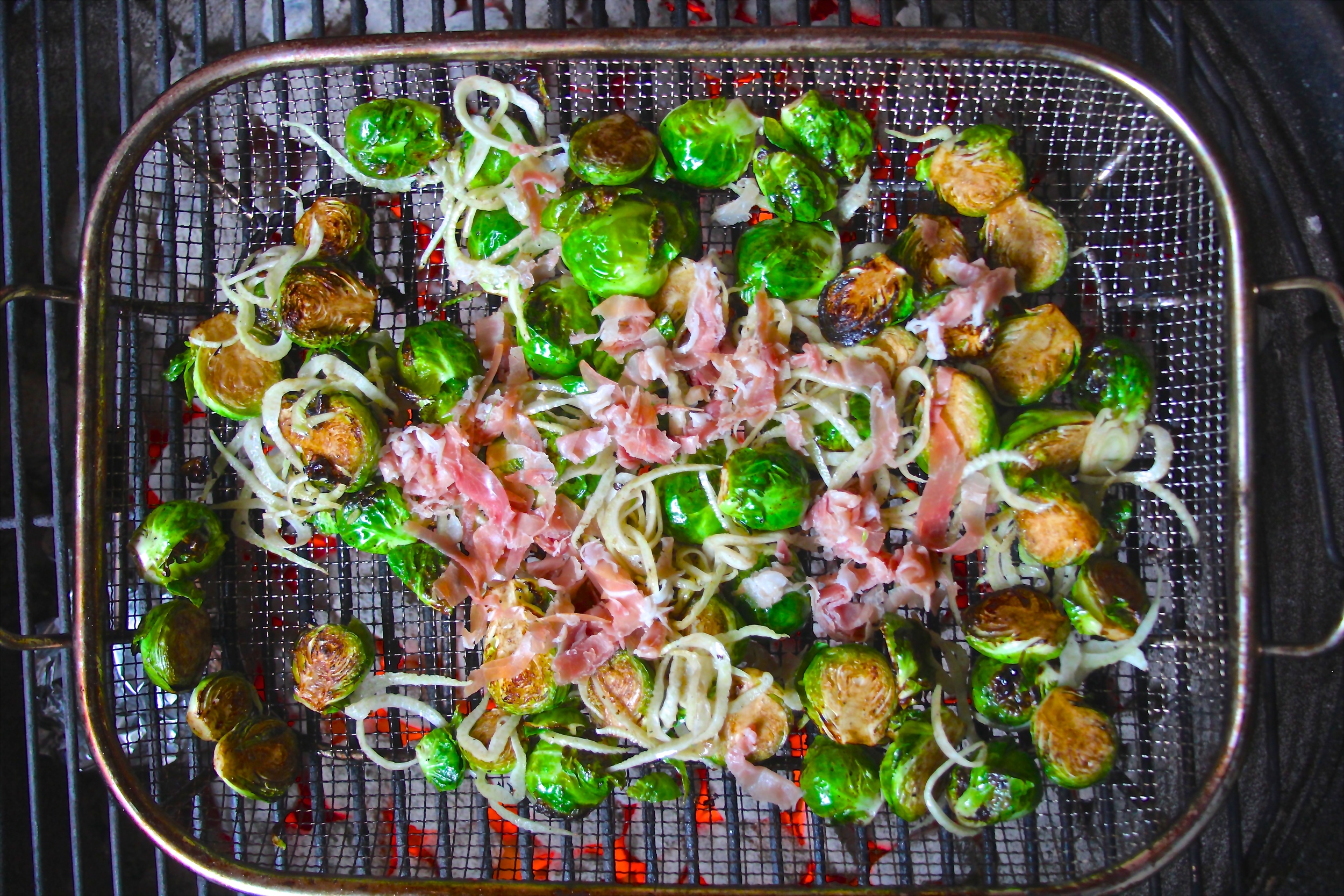 Flame Roasted Brussels Sprouts with Fennel and Serrano Ham