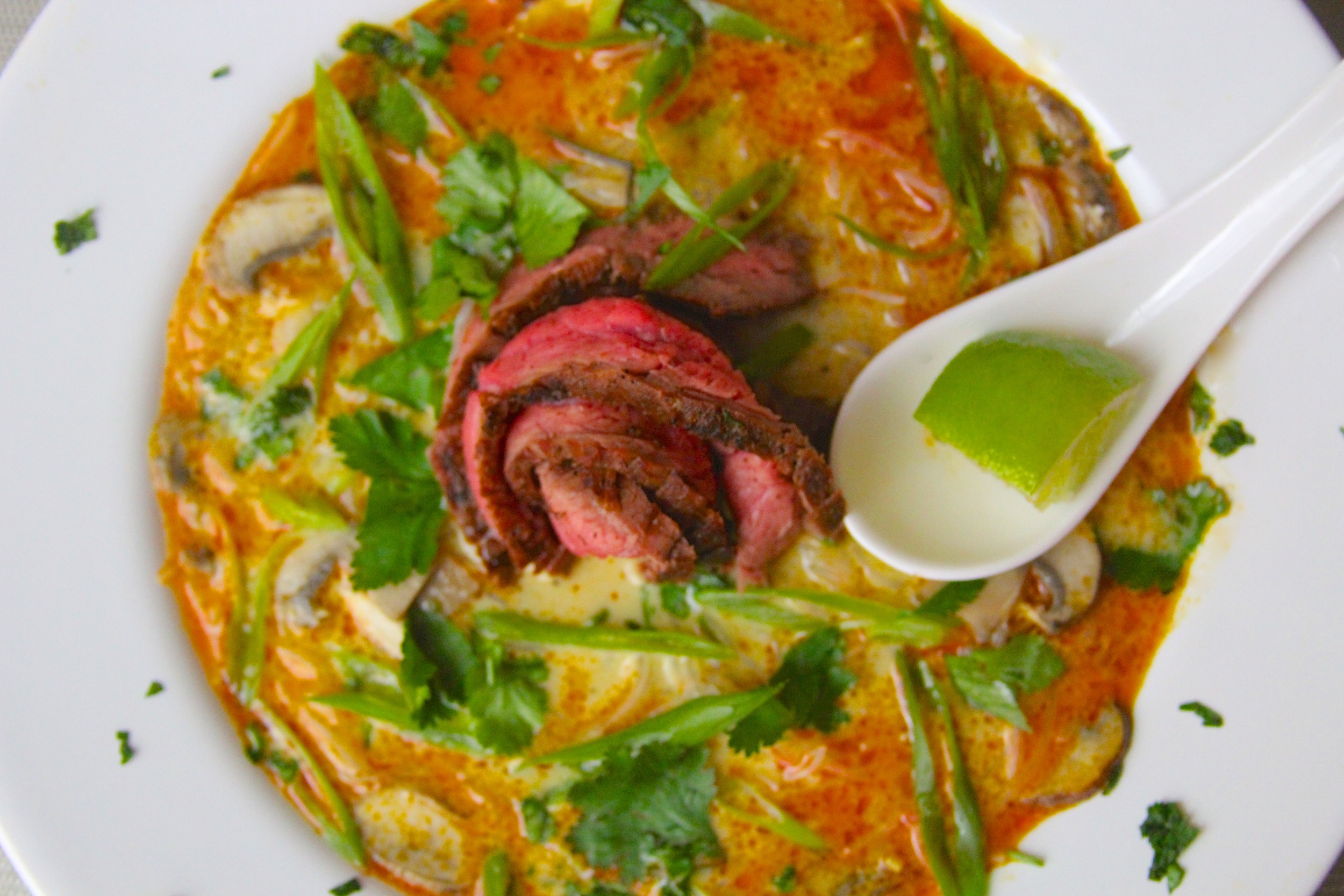 Thai Coconut Curry Soup with Grilled Flank Steak