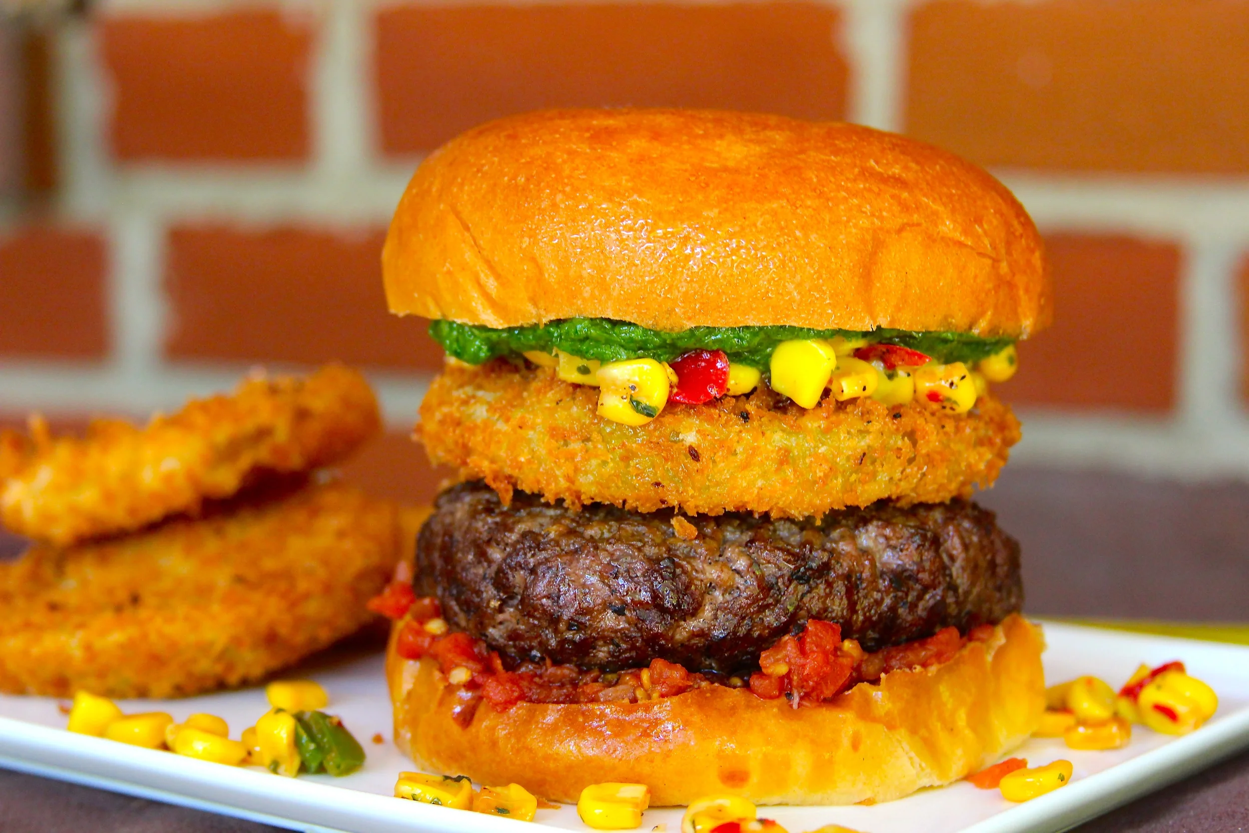 Fried Green Tomato and Charred Corn Relish Burger