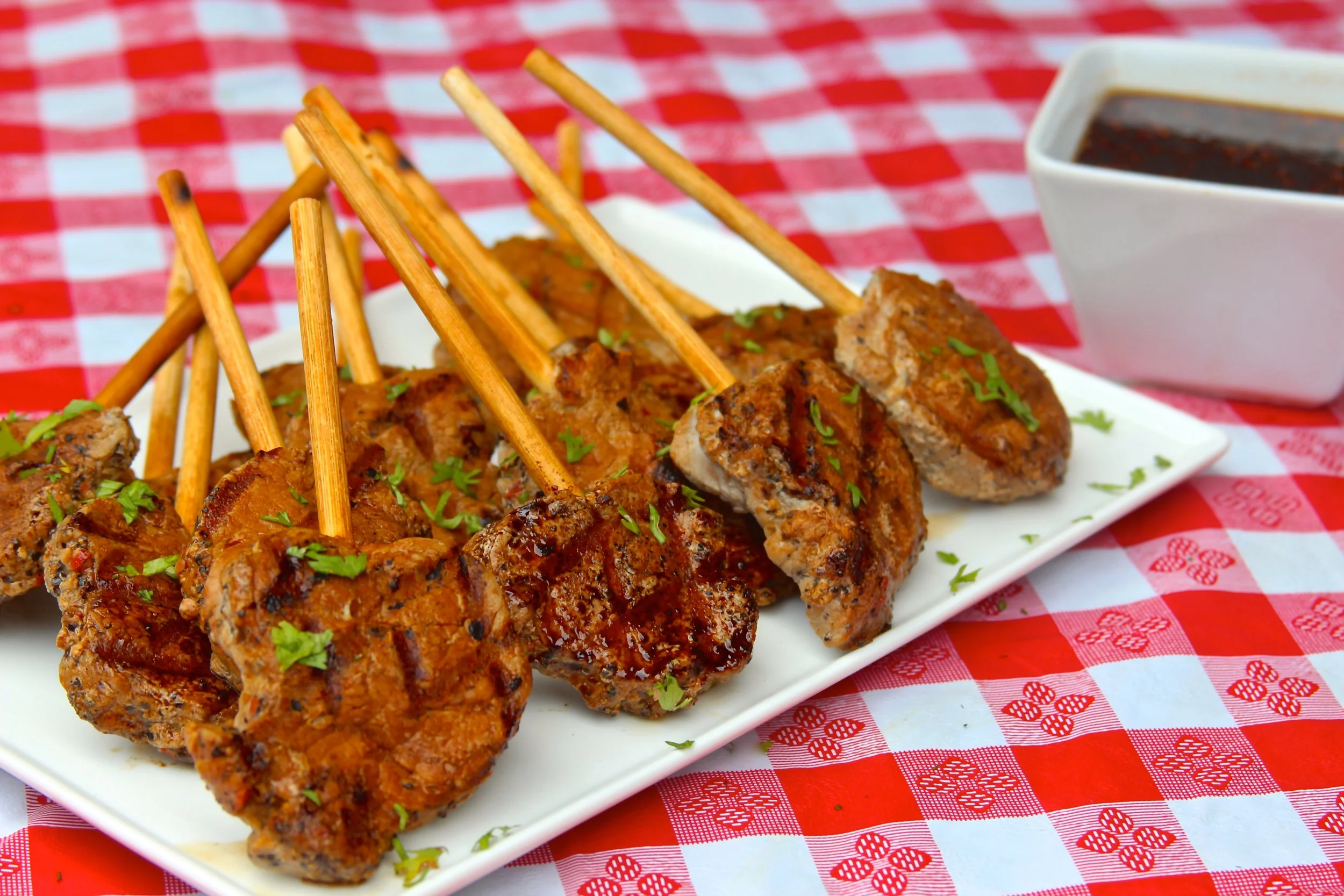 Pork Tenderloin Lollipops with Soy-Ginger Dipping Sauce