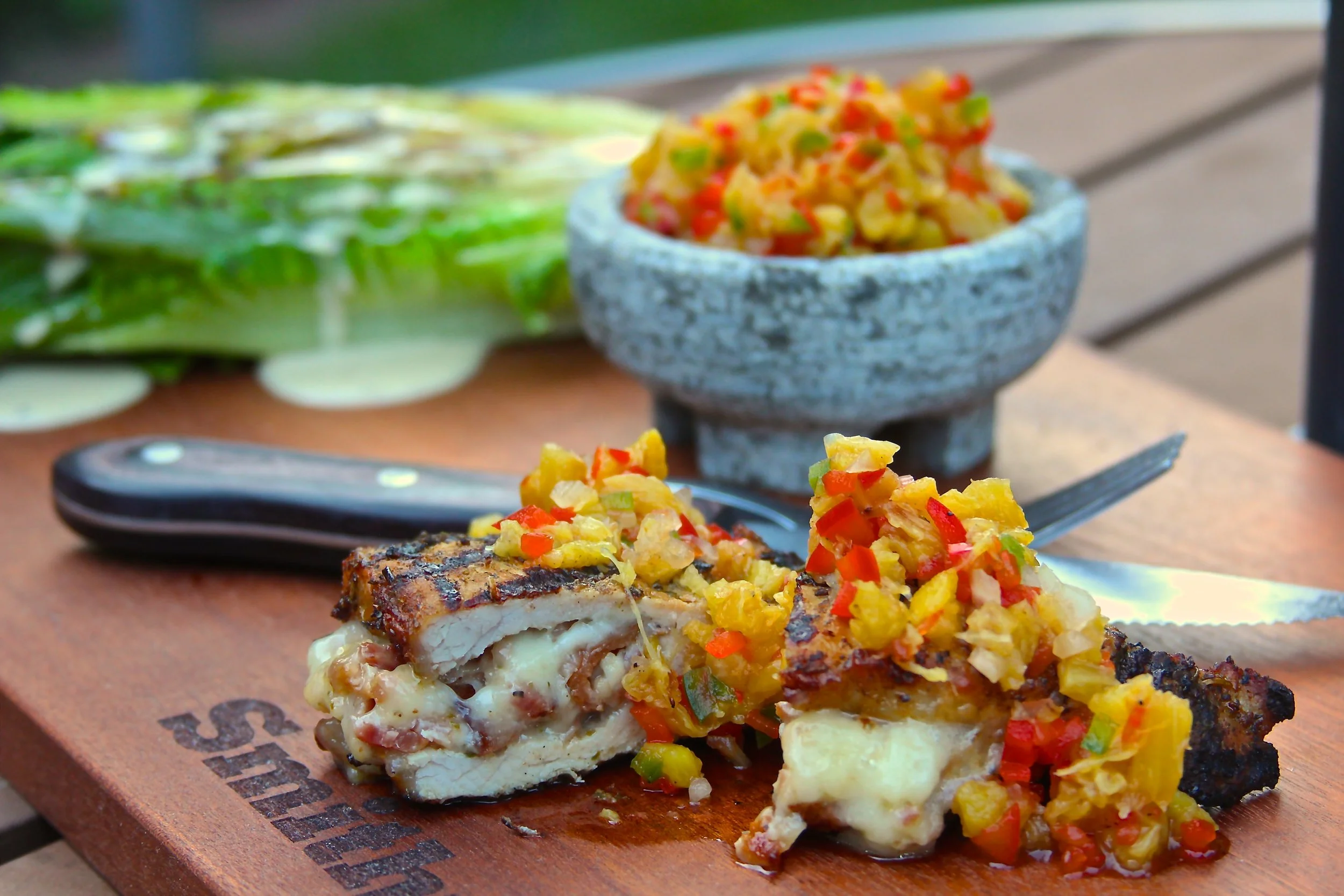 Mozzarella and Bacon Stuffed Smithfield Pork Chop with Charred Pineapple Salsa