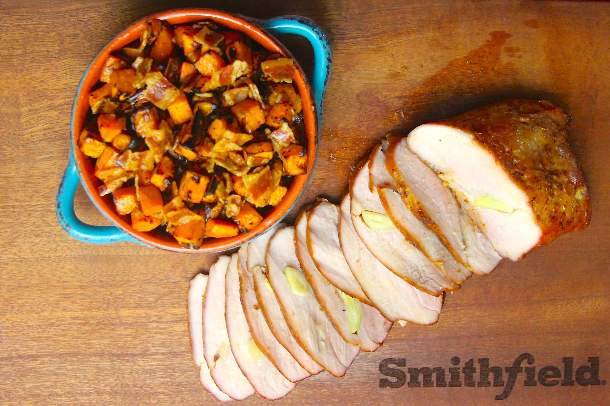 Smoked Garlic Studded Pork Sirloin with Sriracha-Maple Glazed Sweet Potato Hash