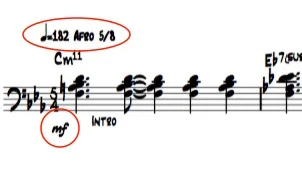 Ex 2. Tempo/Feel indications and starting dynamics are commonly omitted in error, yet is crucial starting information.