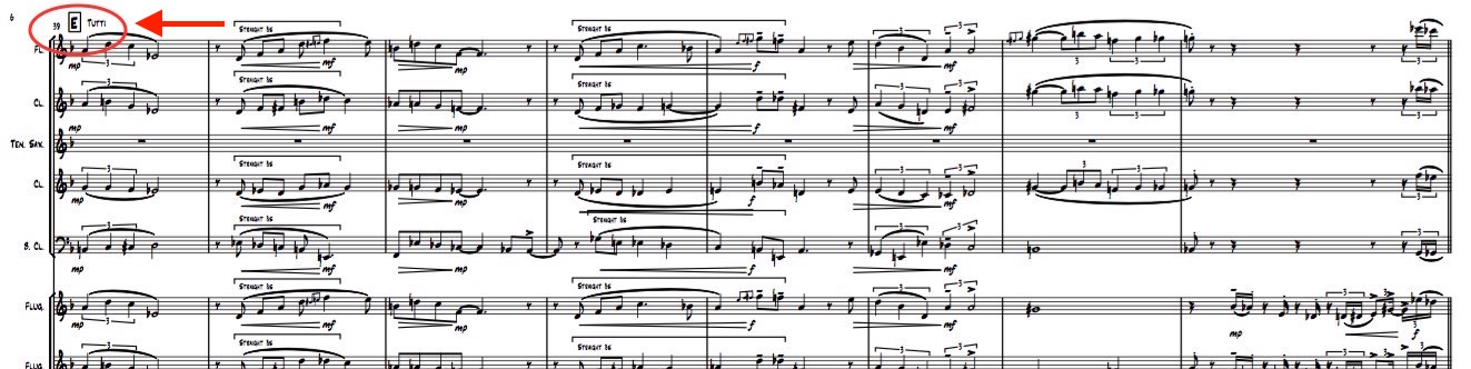 Ex 3. Left-justified rehearsal marks are a common convention that helps the conductor and players find their place faster. (click to enlarge)