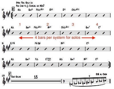 Ex 4. Solo-changes kept 4-bars across each system assist the soloist in keeping track of chord changes and concentrating on their solo. This, of course, is relative to the context of a given tune.