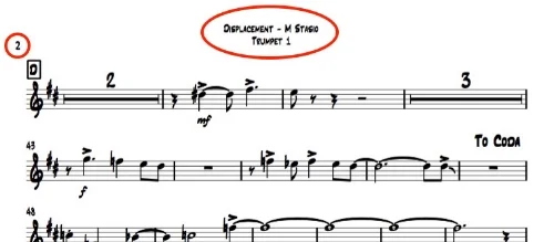 Ex 7. Set descriptive title-headers after the first page on score and parts. These are immensely helpful. Without them, loose parts can become easily confused. 
