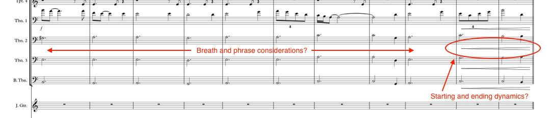 Ex 8. Refine sketch ideas to include breath and phrase considerations for horn players. Also, hairpins without start and ending dynamics are nebulous and incorrect. (click to enlarge)