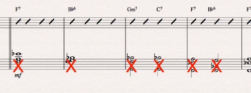 Ex 9. Comping slash-chords on a piano grand-staff is best left to the treble clef only. Otherwise this is rather unclear to the pianist. Same for solos; it's tedious to indicate comping chords below slash-solo chords. 