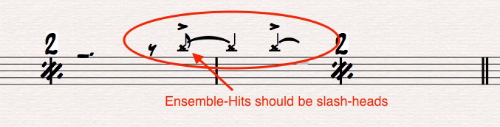 Ex 11. Do not confuse note-heads on drum notation. In this case, these ensemble-hit indications should be slash-heads. These X-heads could be confused as cymbal notation. 