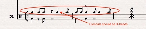 Ex 12. Cymbal patterns above the staff should be notated using X-heads, instead, as shown below. These could be confused as tom-notation.
