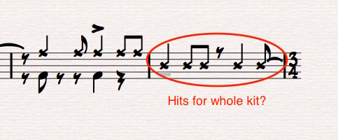 Ex 13. Mid-staff drum notation is likely indicating whole-kit hits (as opposed to a time pattern) of which X-heads could be confused as snare or rim notation. These should be slash-notation, as below. 
