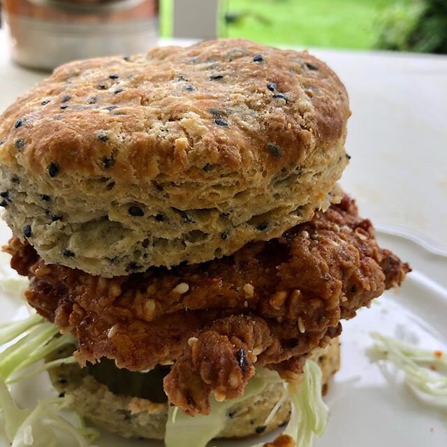 Kimchi brined fried chicken sandwich on a black sesame buttermilk biscuit inspired by @kenjilopezalt and @bravetart . Very involved recipe with lots of components but worth all of the effort. #friedchickensandwich #biscuit #seriouseats