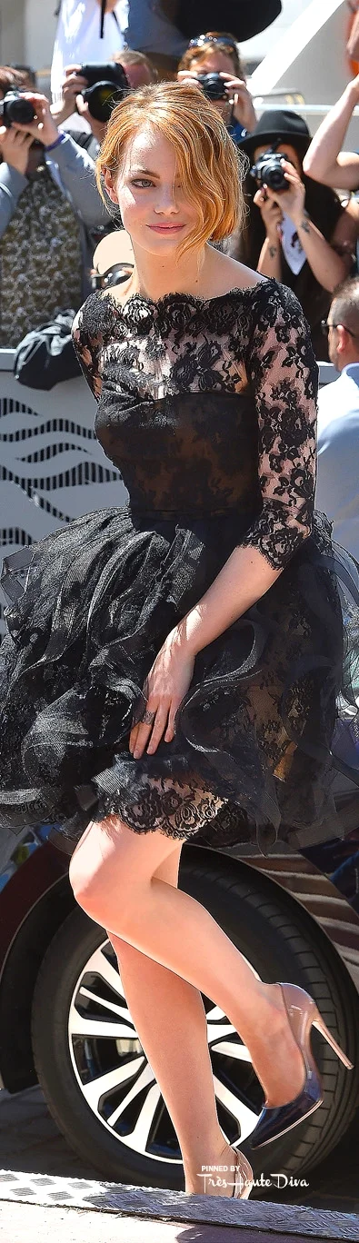Emma Stone in Oscar de la Renta and Christian Louboutin ombré pumps
