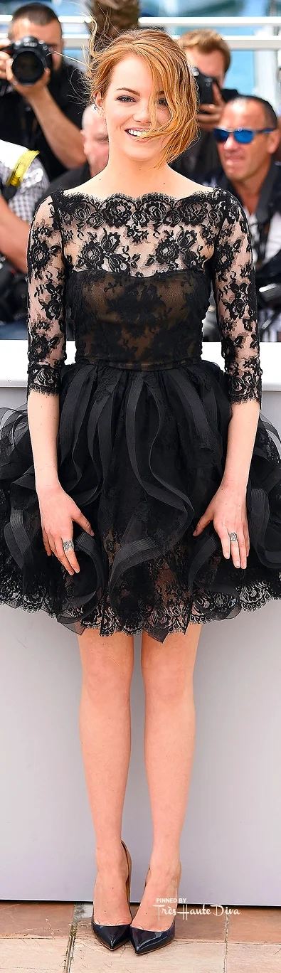 Emma Stone in Oscar de la Renta and Christian Louboutin ombré pumps