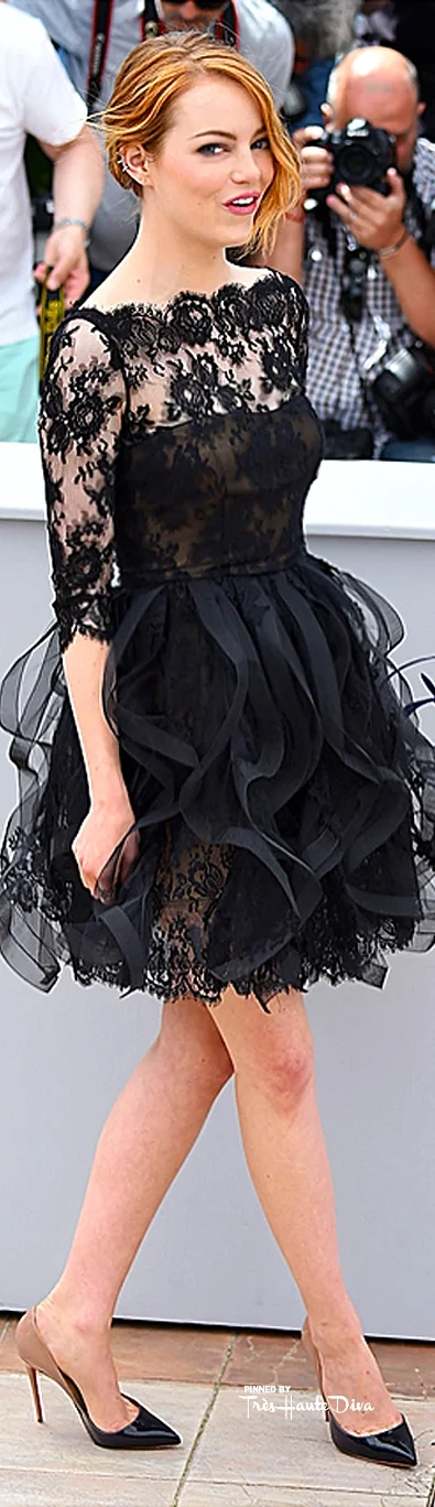 Emma Stone in Oscar de la Renta and Christian Louboutin ombré pumps