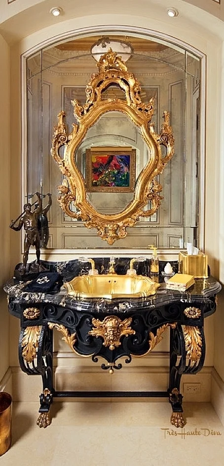 French Antique Vanity Powder Room 24K Gold Onyx Drop In Sink