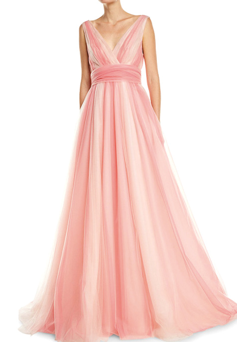  Carolina Herrera V-Neck Belted Ombre-Tulle A-Line Gown