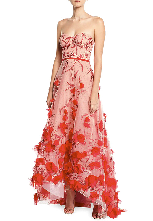  Marchesa Notte Strapless 3D Floral Embroidered High-Low Gown 